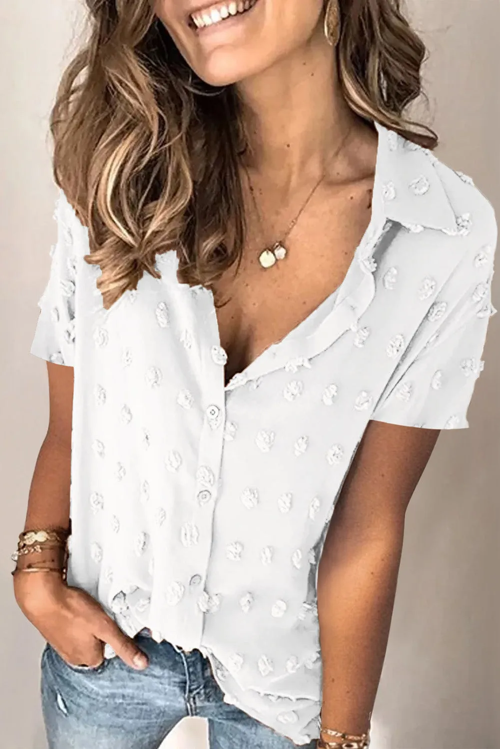 Short Sleeve Shirt For Women Swiss Dot Turn Down Collar Tops