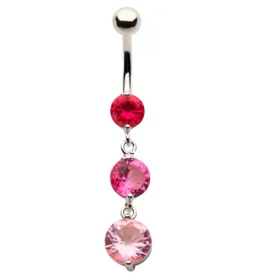 Triple Round Pink CZ Dangle Stainless Steel Belly Button Ring