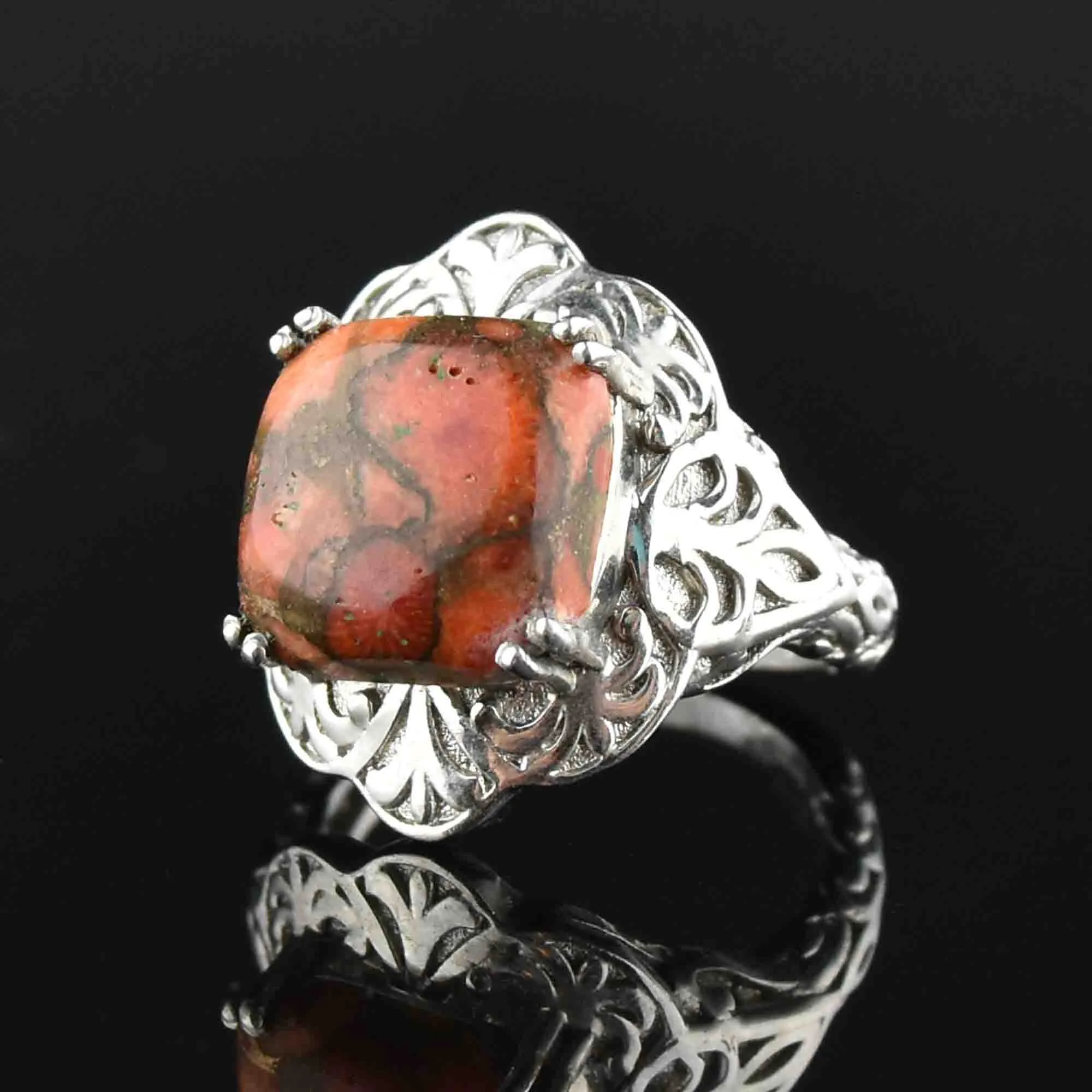 Vintage Carved Silver Marble Agate Ring