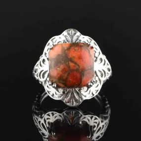 Vintage Carved Silver Marble Agate Ring