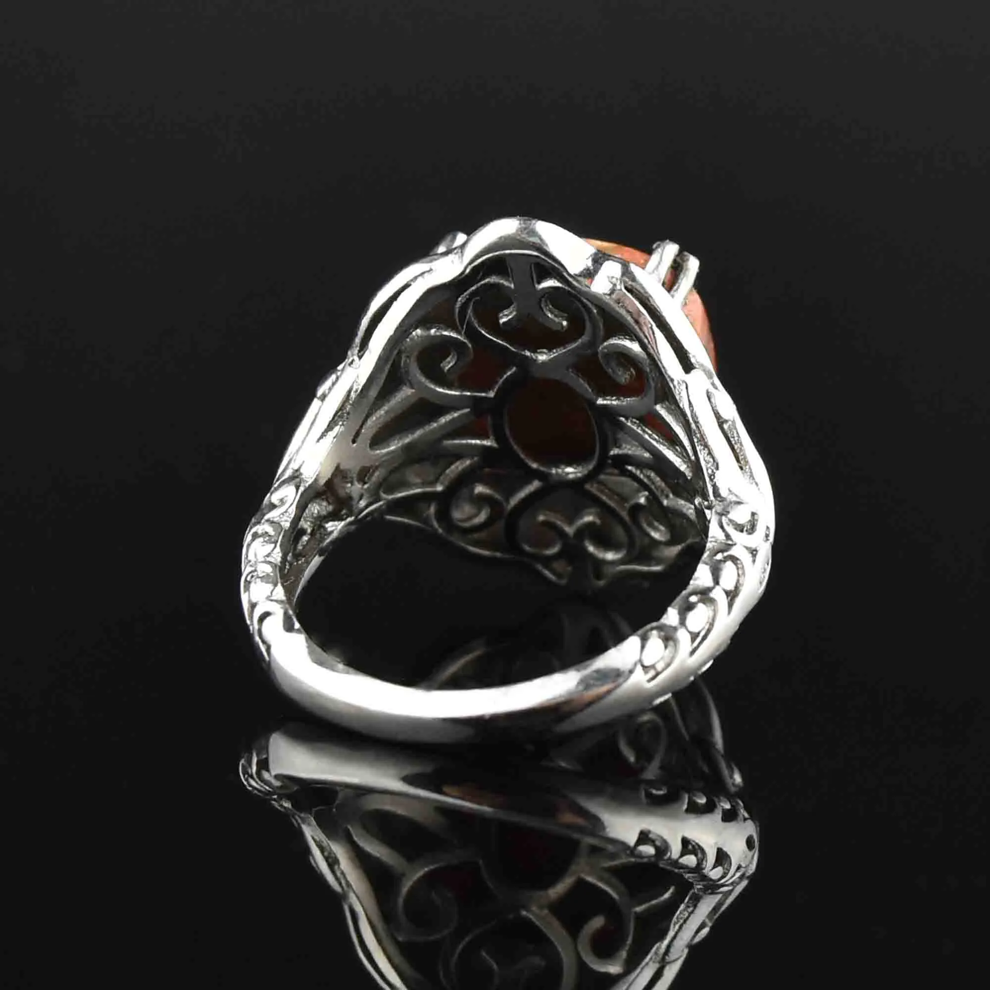 Vintage Carved Silver Marble Agate Ring