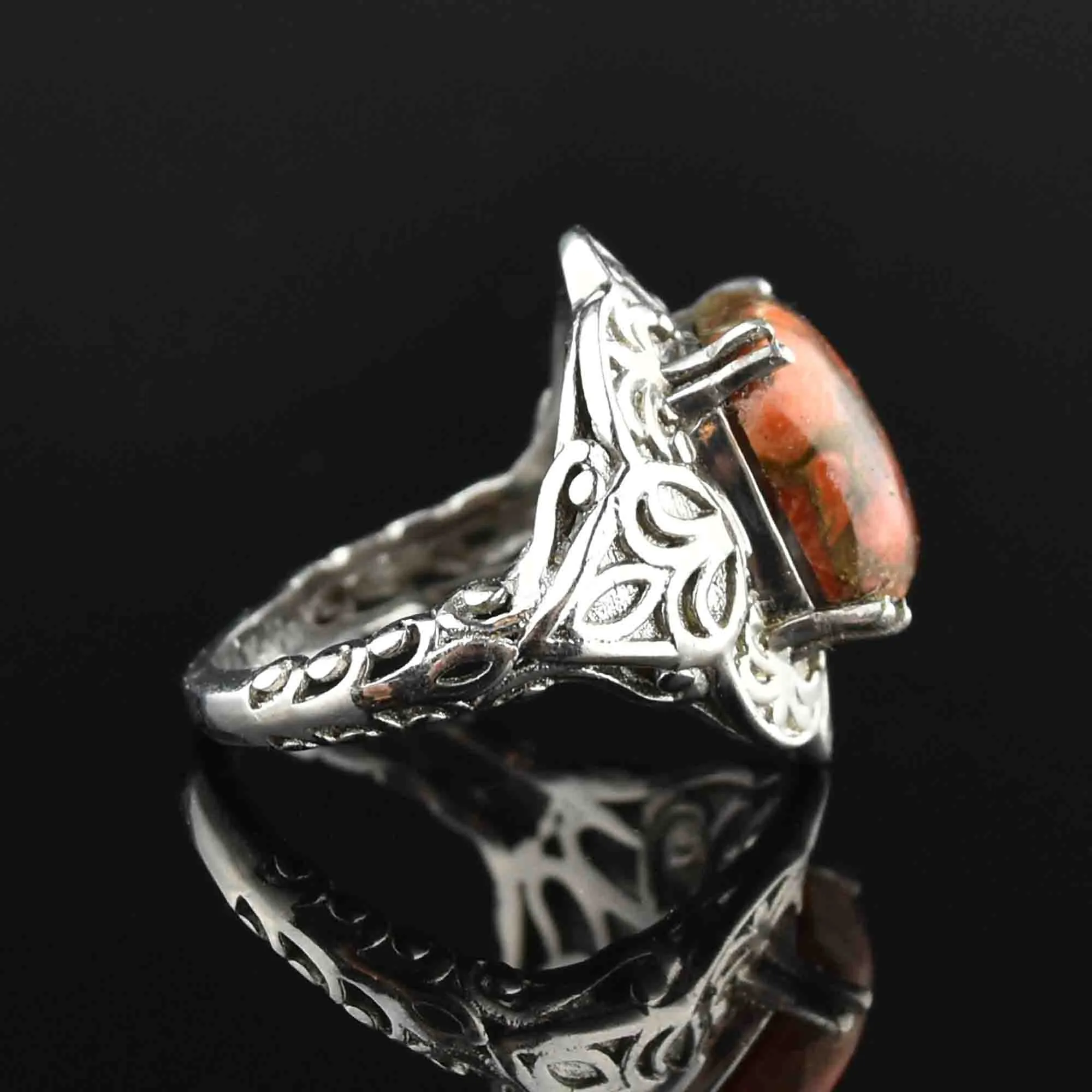 Vintage Carved Silver Marble Agate Ring