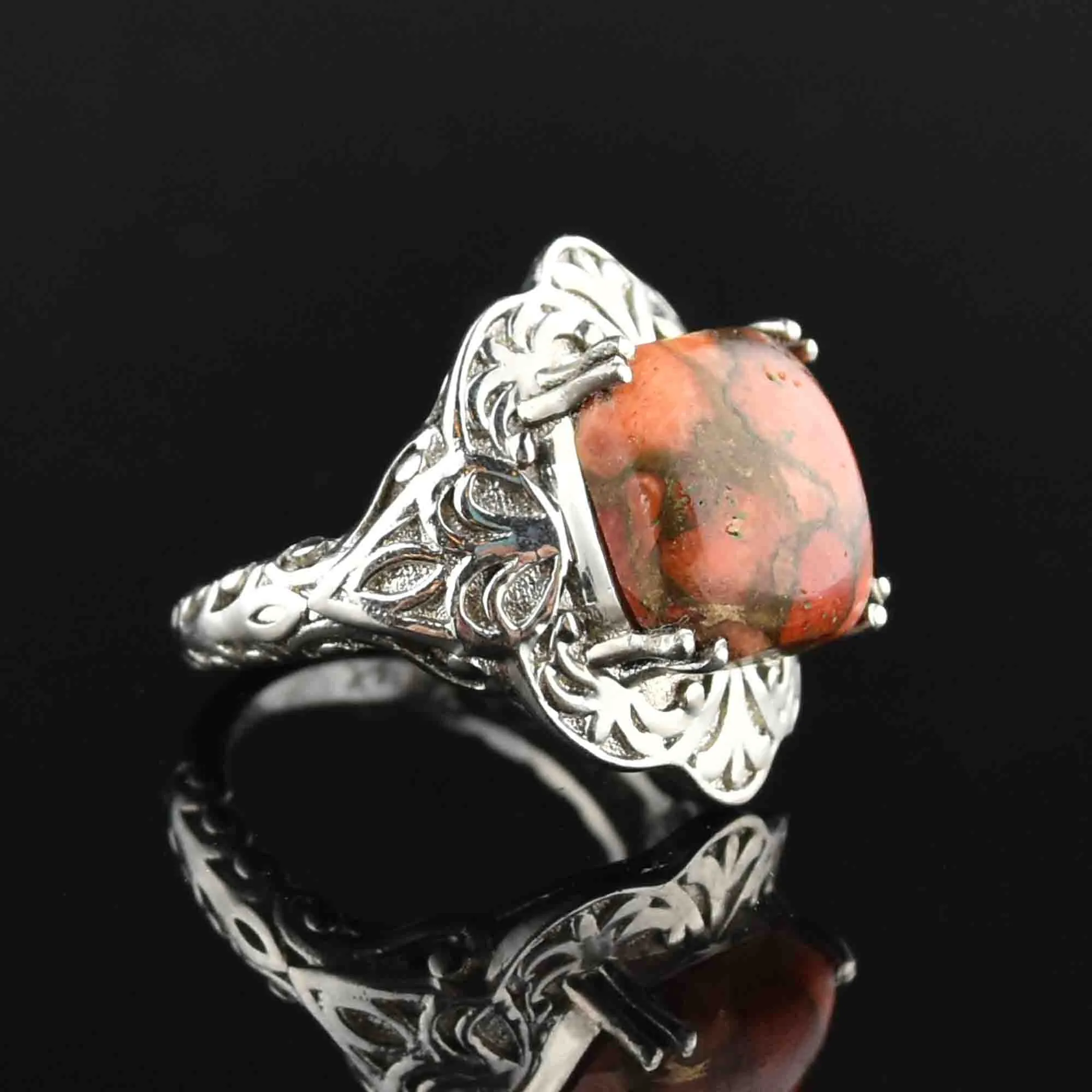 Vintage Carved Silver Marble Agate Ring