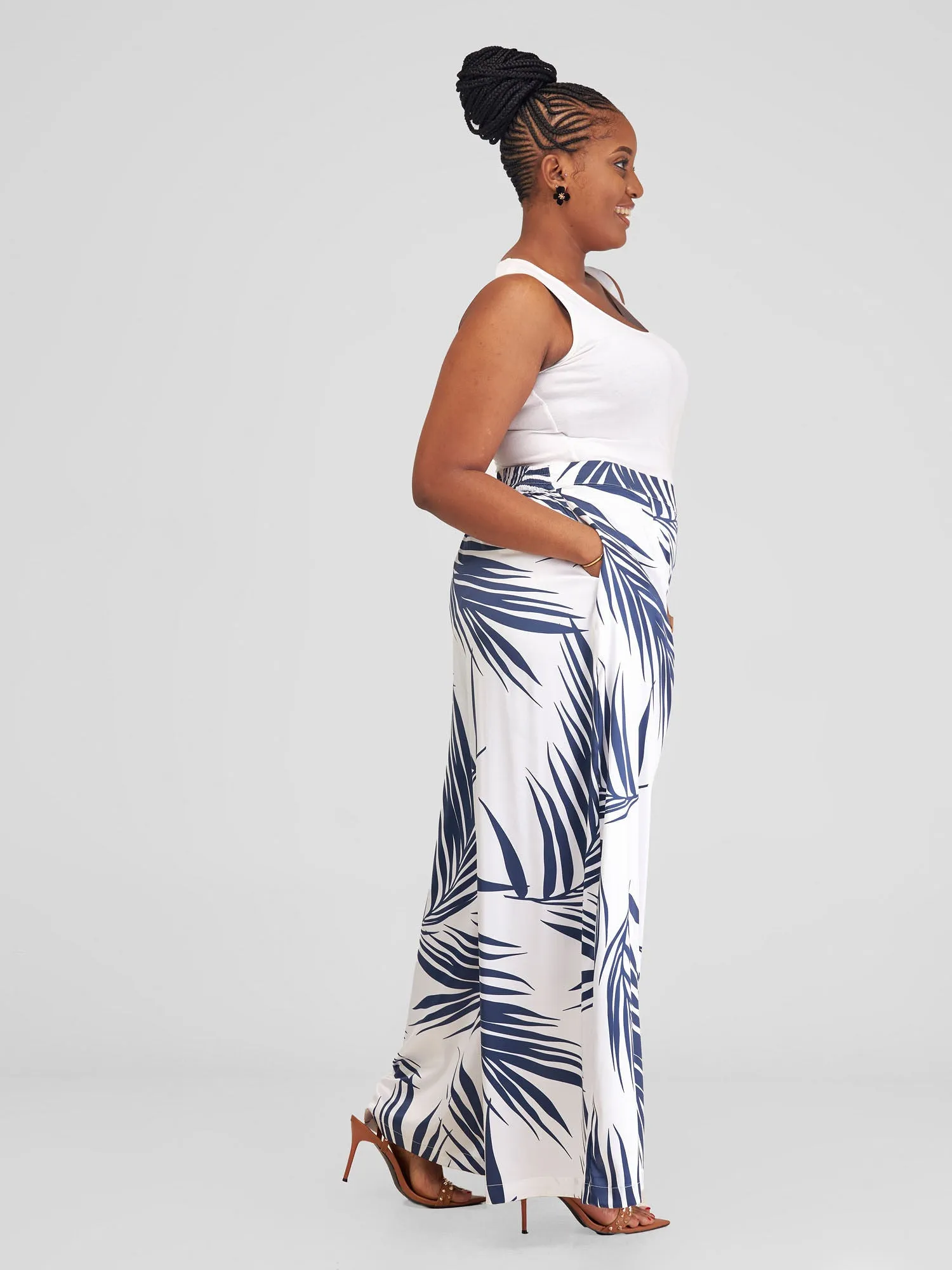 Vivo Alika High Waist Pants - White / Navy Blue Siri Print