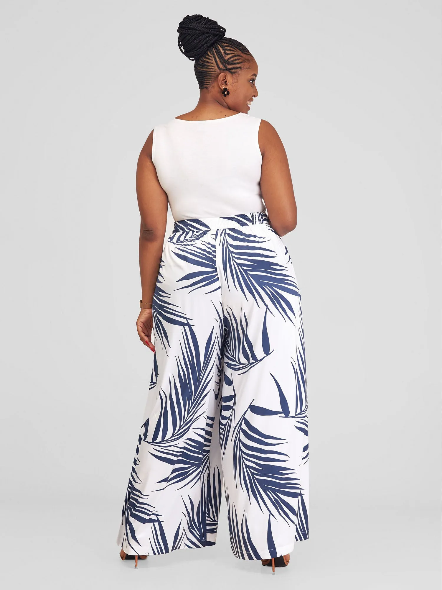 Vivo Alika High Waist Pants - White / Navy Blue Siri Print